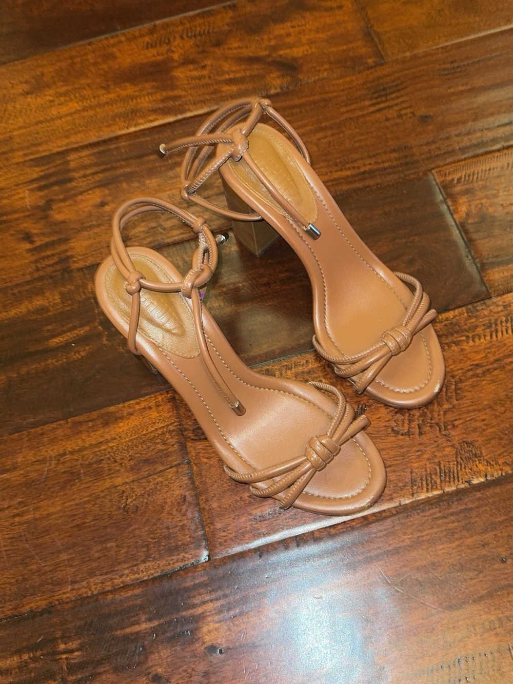 Schutz Tan Knotted Strap Block Heel Sandals